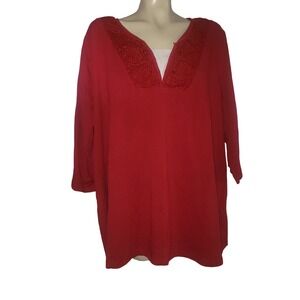 Catherines Red Crochet Neck 3/4 Sleeve Tunic Top Plus size 2X casual oversized